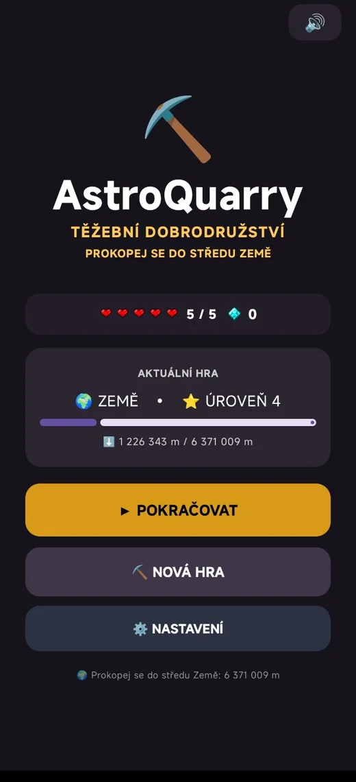 AstroQuarry – hlavní menu